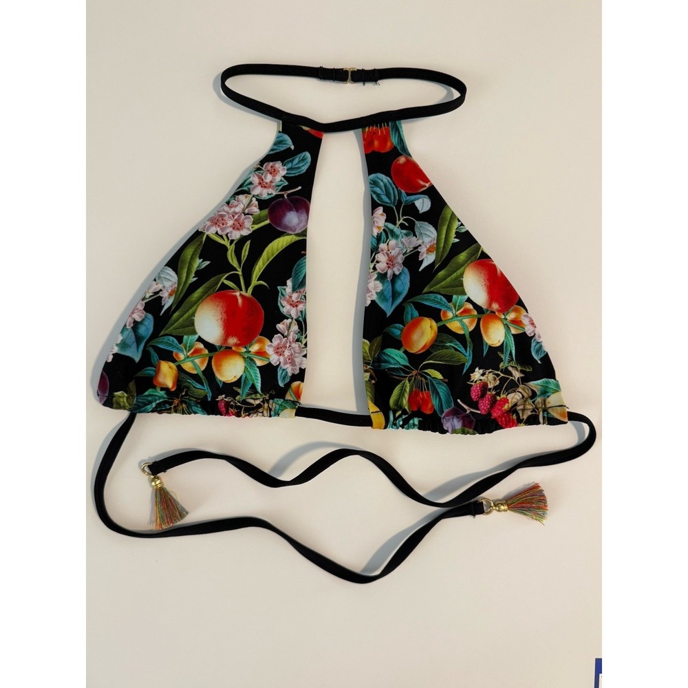 Nanette Lepore Botanical Fruit Print Halter Bikini Top Keyhole Tassel S NWT - Picture 3 of 7